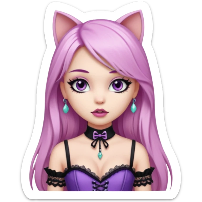 pretty bratz girl, long straight LIGHT pink HAIR, jade kitten eyes, black eyeliner, pale skin, purple corset clothes with laces sticker