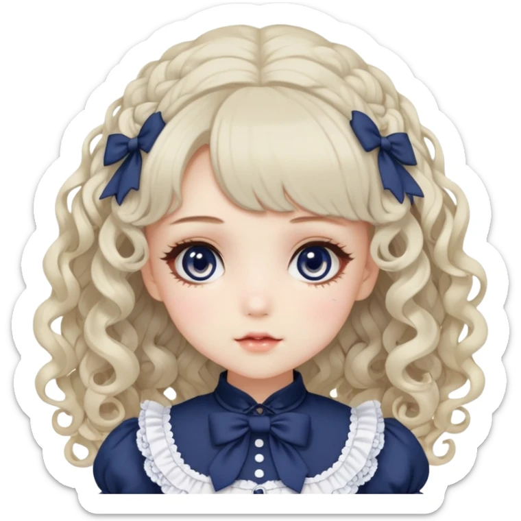 Pale girl with soft curly ash blonde-navy hair, grey eyes, doll-like makeup, wearing a navy lolita hime gyaru dress emoji. sticker