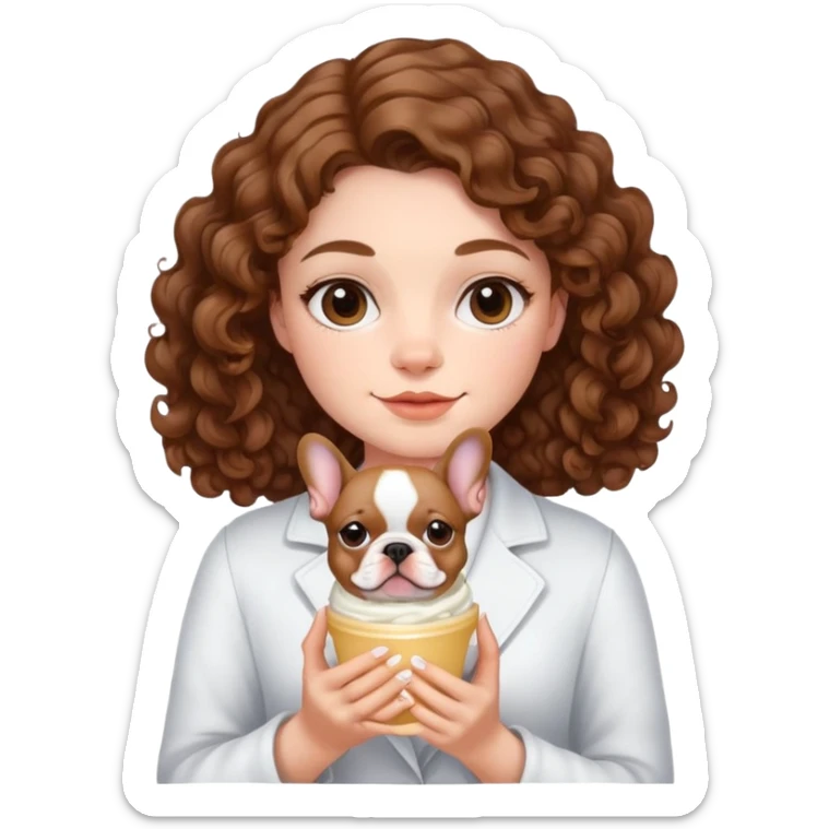  girl with brown curly hair holding cream colored french bulldog  sticker