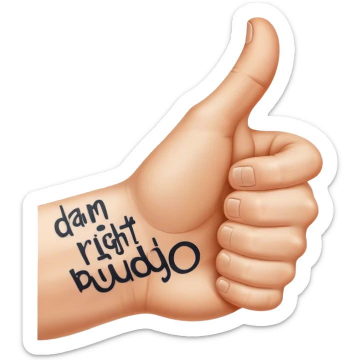 Hand with thumbs up with quote “damn right I do buddy” tattooed on top of hand thumbs up motioning good yes sticker
