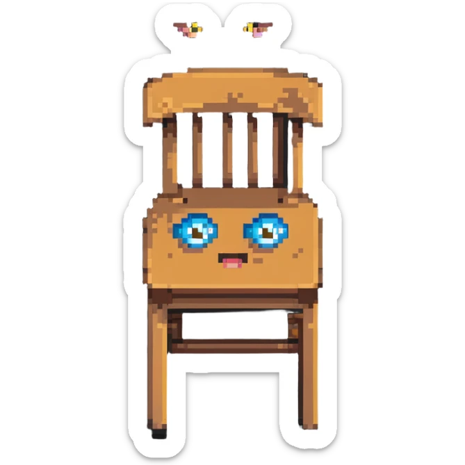 Pixel art of a wooden chair with cartoon eyes flying in the air sticker