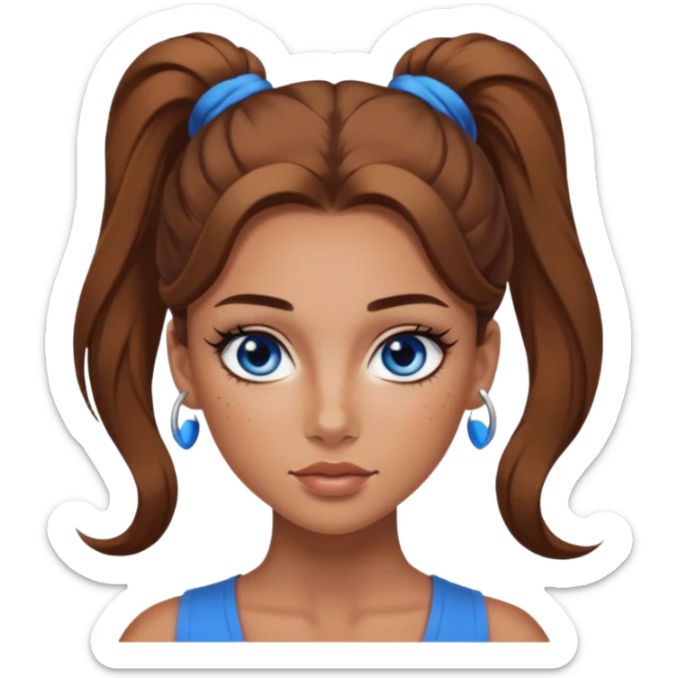 Attractive Woman with tan skin, baddie style, blue eyes, wide face, freckles, and a long voluminous ponytail and dark eye makeup sticker