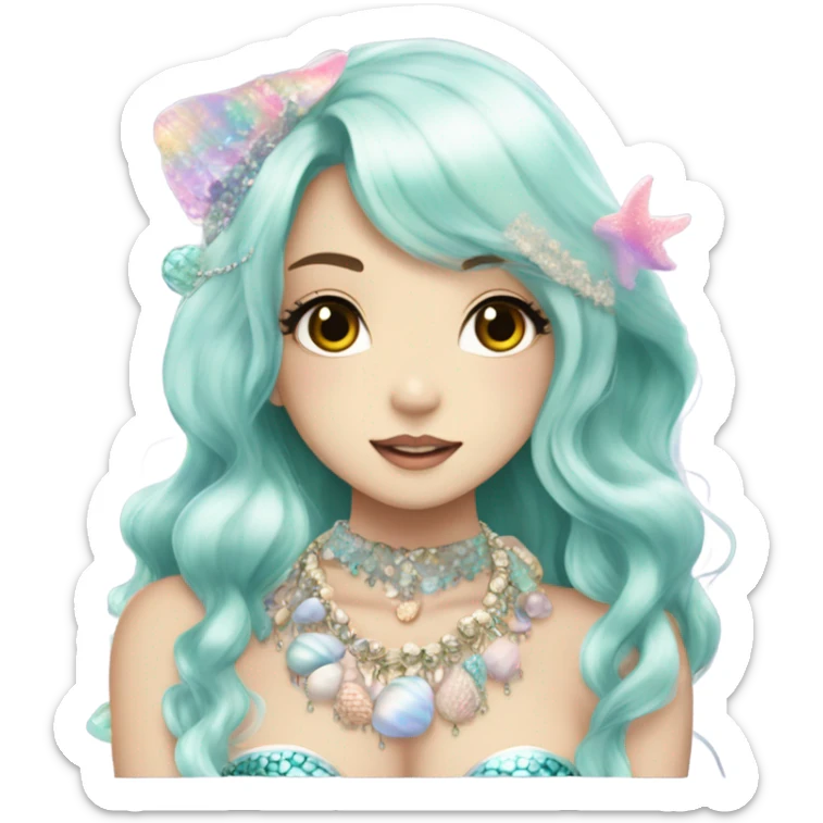 mermaid hime gyaru girl, black hair, shell jewellery  sticker