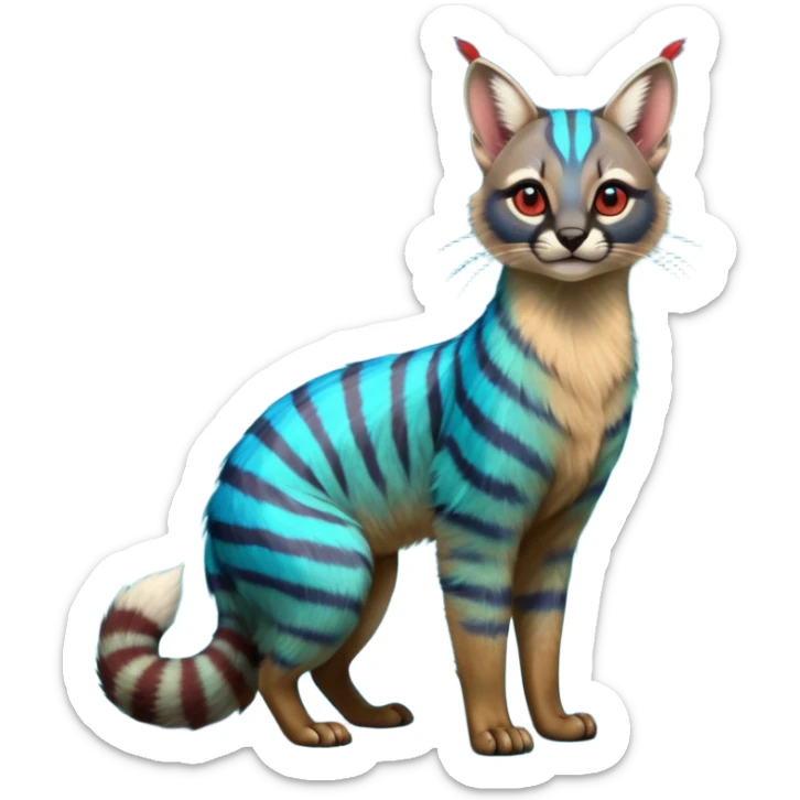 Colorful exotic shiny striped cobalt-blue-cyan-iridescent-gradients-colored fur coat with red markings tropical glorious divine exotic cute cool beautiful realistic caracal-civet-genet-sergal-vernid-Cacomistle-Trico-oncilla-animal-Fakémon-hybrid-fursona (full body) sticker