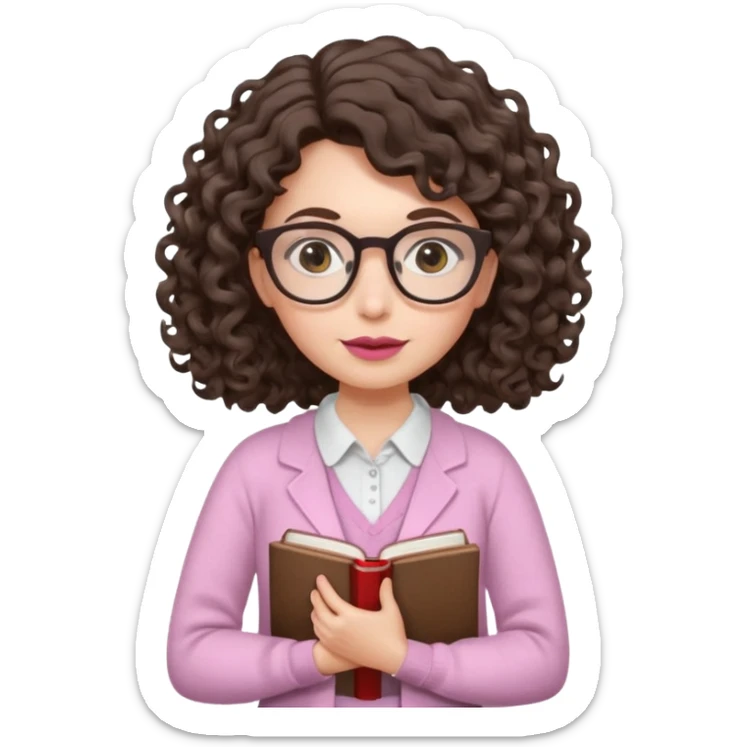 A crazy female scientist, with curly-wavy dark brown hair, brown eyes and light grey glasses and pale skin and pinkish lips, dressed to look like an english teacher sticker