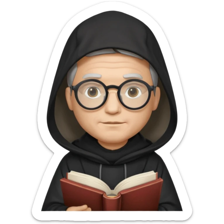 Monk priest prayer black habit with hood round black glasses done light brown wavy hair under hood remove the medallion smaller more round glassed age 46 no necklace more oval face hand holding book that says RB 480 top left is great add a little hair brown gray under hood  sticker