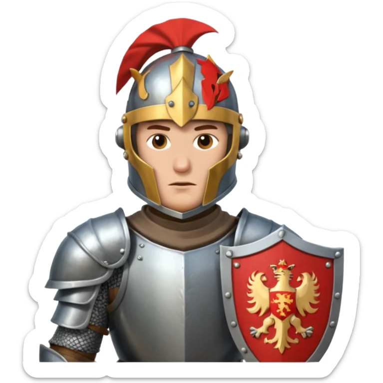 An emoji portrait of a medieval knight. He wears a suit of armor with a stylized helmet. His expression is serious and determined, and he holds a shield with a family crest. sticker
