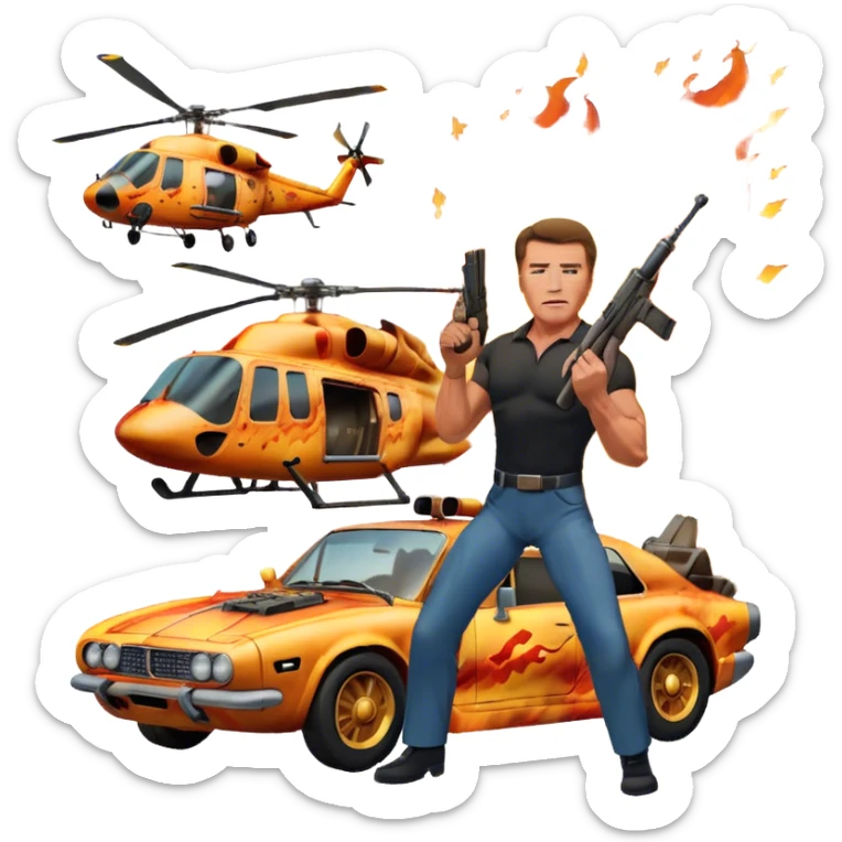 Icon for Action Movies: Arnold Schwarzenegger in the lead role, in an intense action pose with weapons, explosions, a car and helicopter flying out of flames in the background. The design should capture the explosive energy and heroism of classic action films. Transparent background. sticker