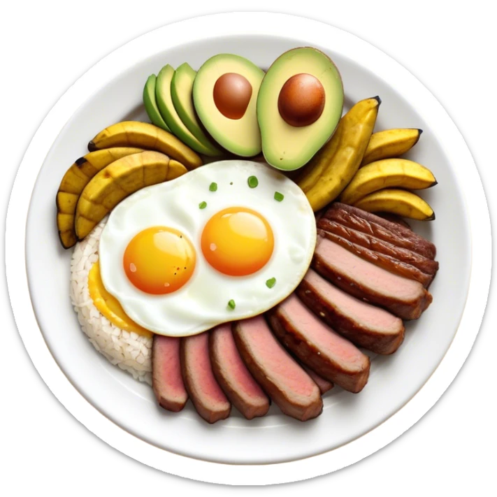 Cinematic Realistic Bandeja Paisa Dish Emoji, depicted as a hearty platter featuring beans, rice, meat, and plantains rendered with detailed textures and vibrant, robust lighting. sticker
