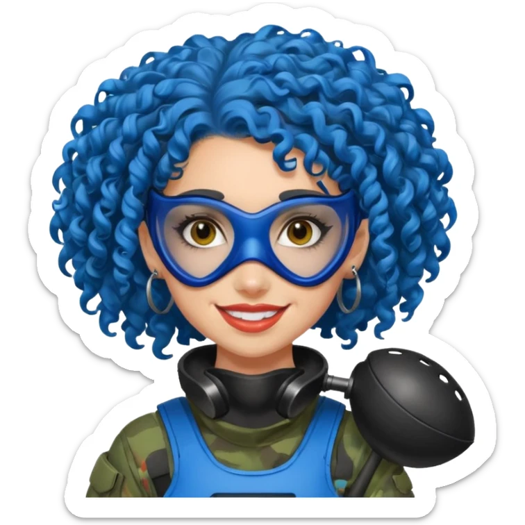 blue curly haired paintball player girl with huge earrings, wearing paintball mask sticker