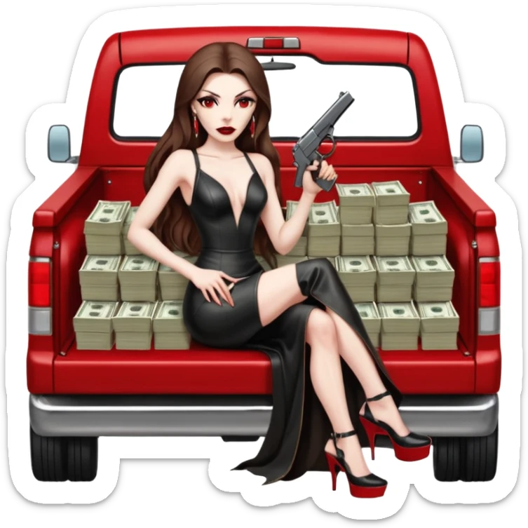 Lilith symbol red eye seductress evil long brown haired sexy succubus woman with leather long dress with slit on, sitting in Big Large F350 pickup truck. Platform high heels in feet. Back seat full of stacks of cash, she is  Holding a human skull of her enemies and a gun in other hand sticker