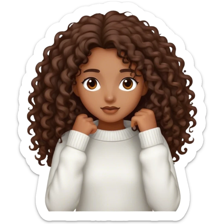 Girl with long curly hair with brown skin and dark brown eyes wearing a white sweater sticker