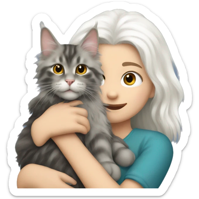 A girl with white hair holds a Maine coon cat in her arms sticker