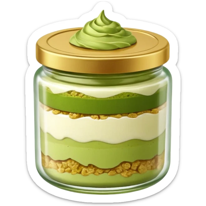 A small round glass jar with a gold lid, filled with layered dessert: creamy white base, green matcha layer in the middle, and a crunchy topping on top.

 sticker