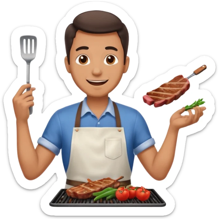 A cheerful man in an apron flipping meat on a sizzling grill with smoke puffing upward. sticker