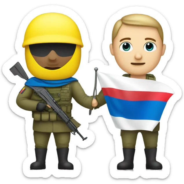 a soldier who holds the Russian flag in one hand and the Ukrainian flag in the other sticker