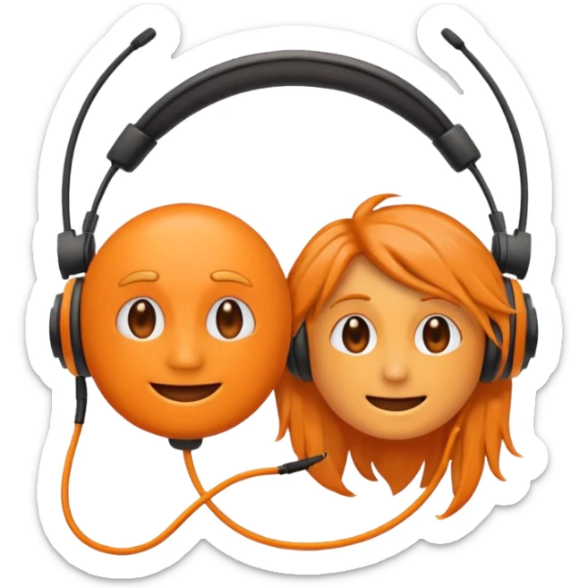 Orange happy face emoji with a couple of hair,headphones,and antennas. sticker
