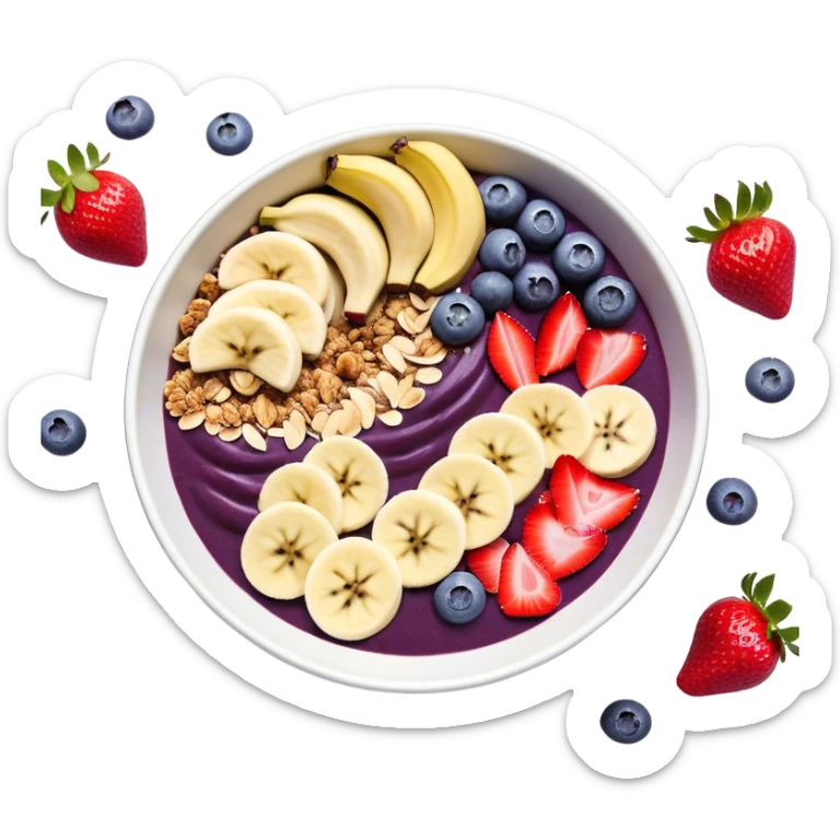 A vibrant açaí bowl with a deep purple smoothie base, topped with neatly arranged banana slices, fresh strawberries, blueberries, granola, and coconut flakes. The bowl is modern and minimal, with clean lines and a balanced composition. Flat, digital illustration, cartoon style, icon, white background, iOS emoji aesthetic. sticker