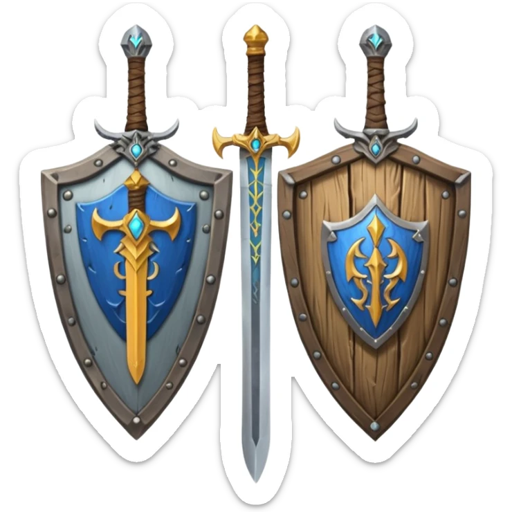  two sword cross, next to or in front of a shield, world of war craft style, elven flare sticker