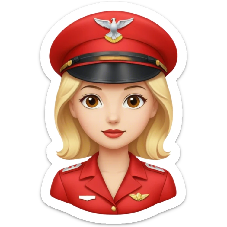 blonde with woman in a red dress and wearing pilot's cap sticker