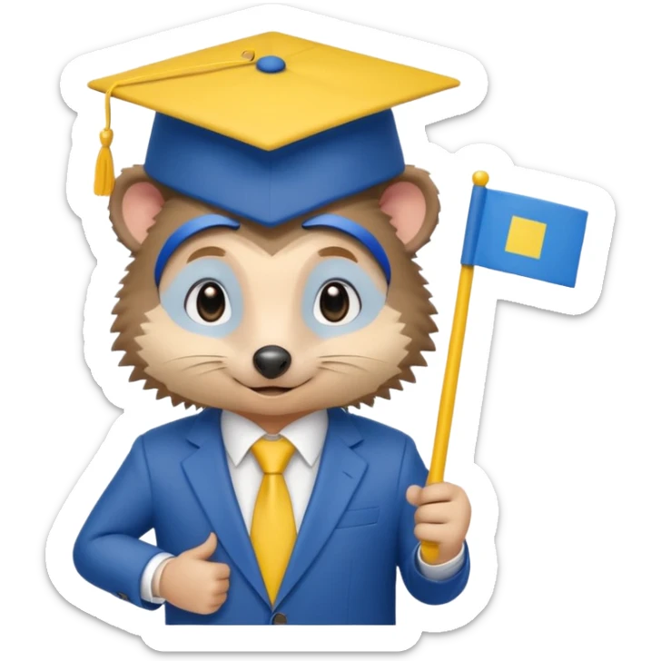 A hedgehog student in a suit in the color of the Ukrainian flag in a square academic cap sticker