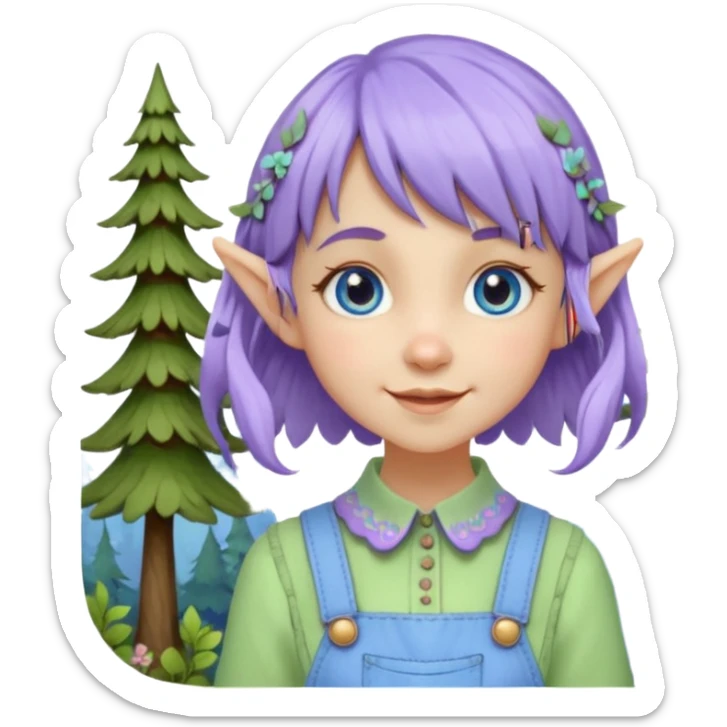 Kind happy whimsical quirky Girl toymaker, wood carving elf. Woodland nature creator. Blue eyes. Short bob, brown wavy hair with bangs. Whimsical playful cute. Overalls with nature embroidered cute shirt collar. Light green, light purple and light blue colour aesthetic  sticker