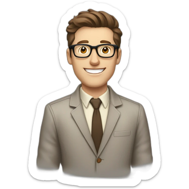 Joyful Pale skinned Fit Man With dark brown hair in gray jacket, beige office shirt, Brown pants and vintage glasses. His thrumbs up sticker