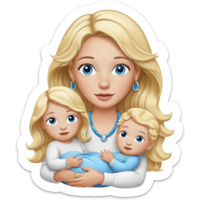 Wavy blonde, white woman with blue eyes, freckles hoop earrings, holding babies sticker