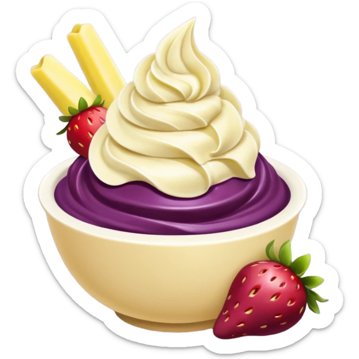 acai purple soft serve in a bowl strawberries and chopped banana sticker