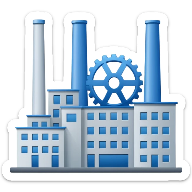 "A minimalist vector icon of a modern manufacturing factory building with a gear symbol above it. Blue and grey color scheme, flat design, white background, simple thick lines, professional business logo style." sticker