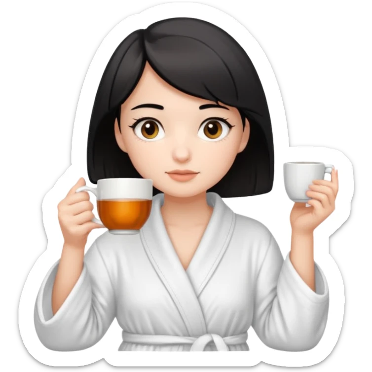 White girl with brown eyes and short black hair drinking a cup of tea in a bathrobe sticker