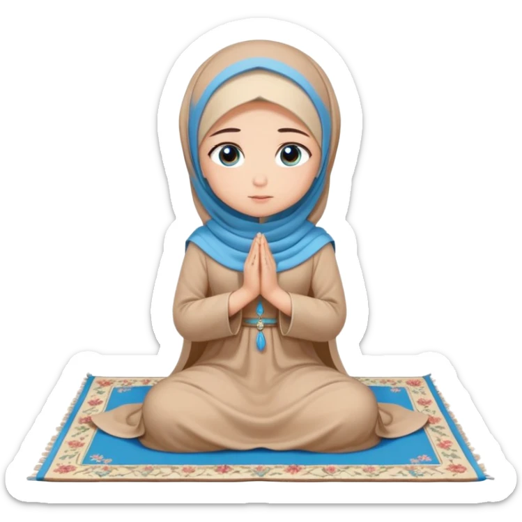 Turkish beautiful finish Konya girl blue eyes with beige flower hijab long tail dress and sits on the pray mat namaz on the ground with dua  sticker
