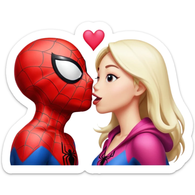 Spiderman and Spider-Gwen kissing, upside down kiss, emoji style sticker