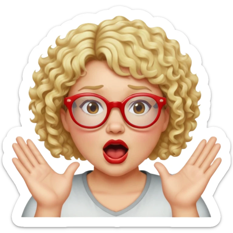 Blonde woman with short curly hair, slightly overweight, wearing red-framed glasses, shouting with hands on both sides of her mouth sticker