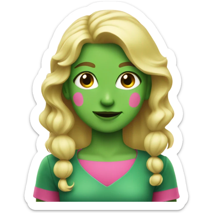 A blonde girl with green skin holding a pink comb smirking  sticker