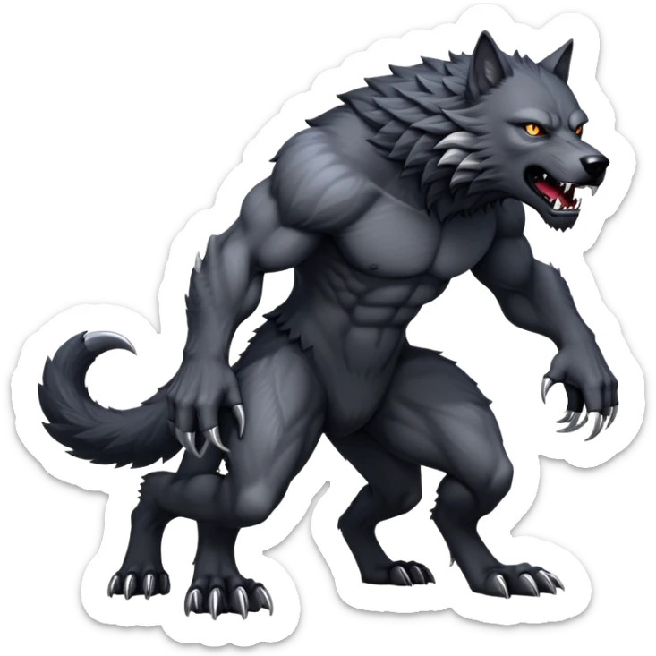 cinematic-noble-fierce-werewolf-full body on all fours-emoji, poised-and-imposing, with a tall, lean, and muscular wolfish frame inspired by the brutal, imposing shape of the beast from Berserk, fur rippling in shades of midnight black and silver, massive paws with razor-sharp claws, elongated limbs and fangs, eyes glowing with an intense, primal ferocity, reflecting the untamed power of the wild moonlit night; rendered with realism sticker
