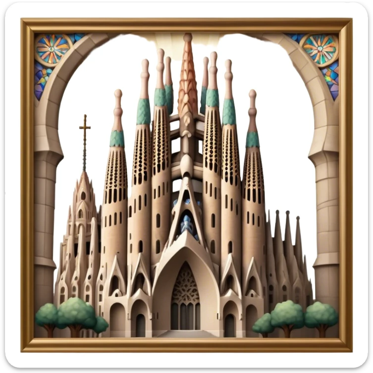 Cinematic Realistic Sagrada Fam√≠lia Landmark Emoji, depicted with the intricate, soaring architecture of the basilica rendered with detailed textures and dramatic, ethereal lighting. sticker
