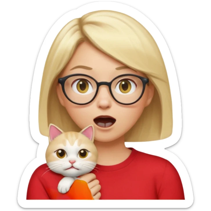 emoji style, waist-up woman with light skin, blonde bob hair, white cat-eye glasses, red shirt, hand cupped tightly around her mouth, hand very close to face as she shouts forward, excited expression, simple background sticker