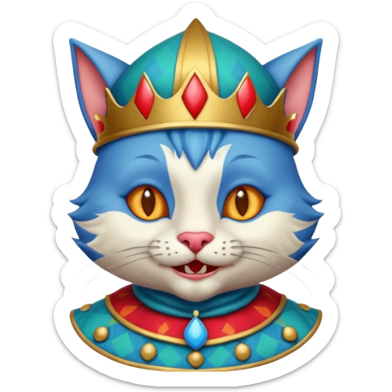 crazy colorful cute little cat jolly joker from poker, medieval, vintage, court jester, mac os icon, blue color sticker