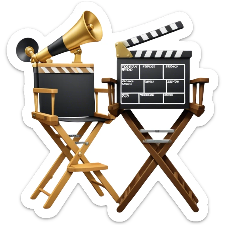 Icon for Directing: professional collage with director's chair, a film slate, a megaphone and an Oscar statuette. The icon should represent the creative and leadership aspects of directing, with focus on film and theater production. Transparent background. sticker