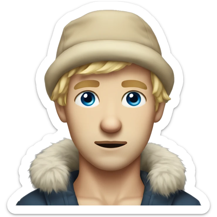 male portrait in fur hat blue eyes blonde hair and sad sticker