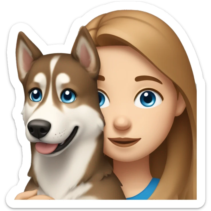 a girl with blue eyes and light-brown hair hugs a husky dog ​​with brown eyes sticker