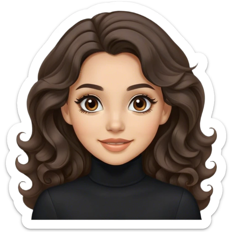 Pretty girl. Very happy. Long, bouncy, Lana del Rey hair. Dark brown hair. Dark brown eyes. Winged eyeliner. Wearing black turtleneck.  sticker
