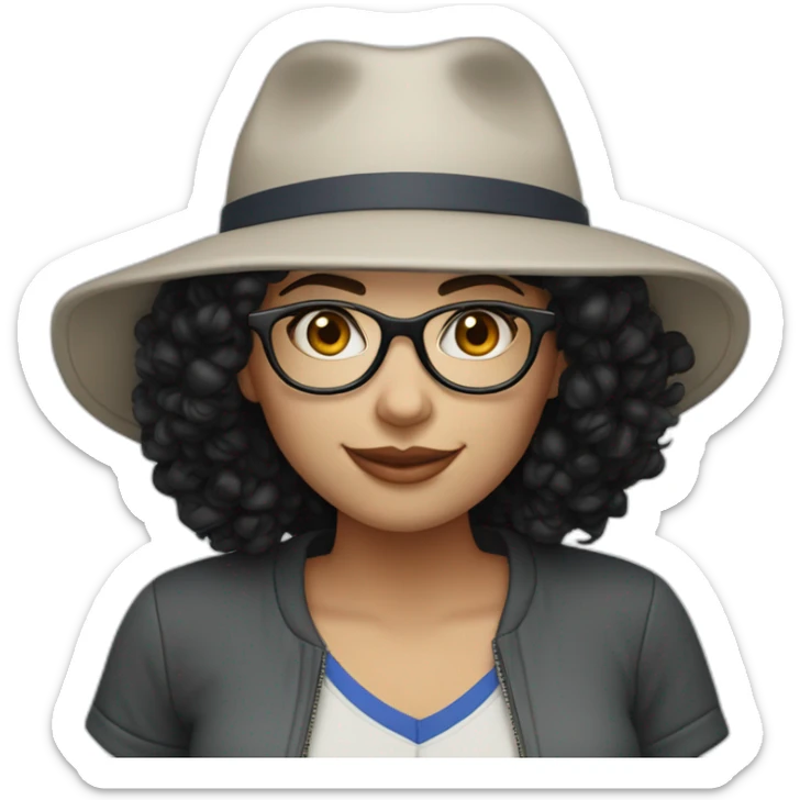 Mom with black curly hair and fair skin and Mets hat with glasses sticker