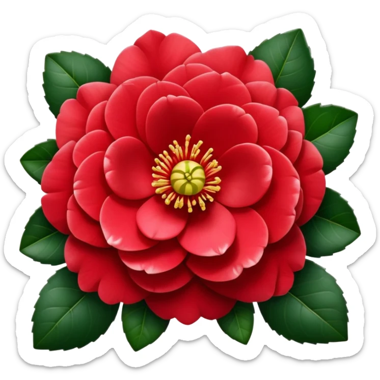 Traditional red camellia japonica (tsubaki) flower with perfectly symmetrical layered petals and glossy dark green leaves sticker