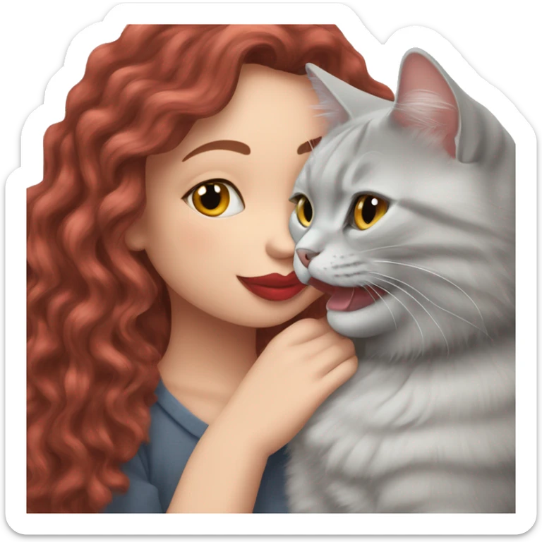 British shorthair grey cat kissing red wavy long hair white woman sticker