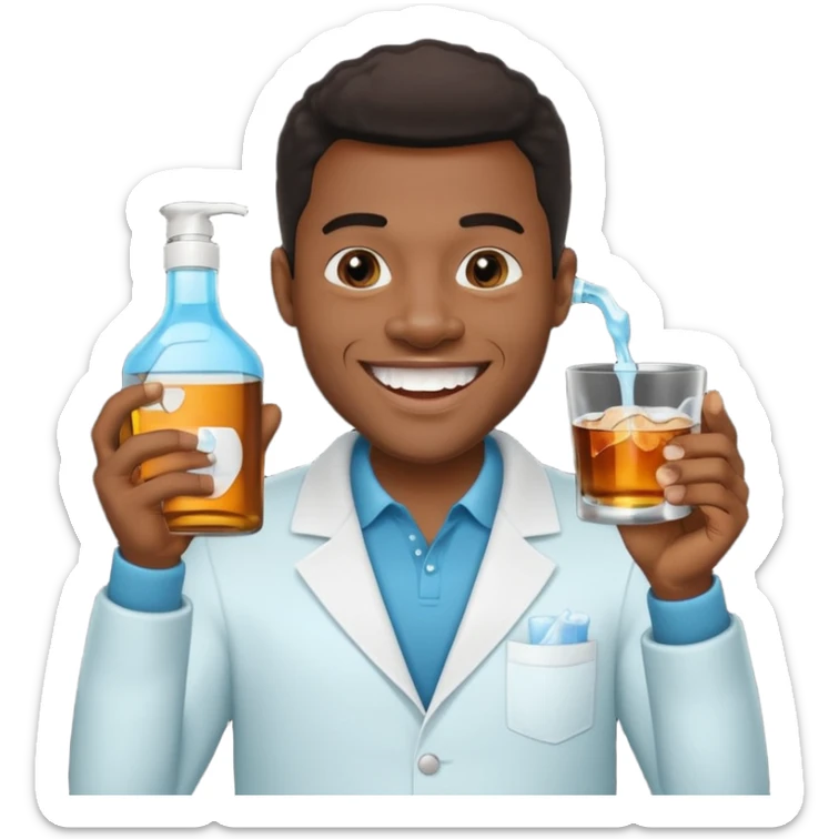Black man grinning, holding mouthwash and a cup of whiskey, teeth sparkling, black background sticker