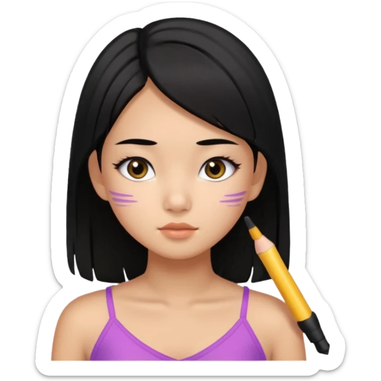 a tan chinese-american 15 year old girl with straight black hair down to her chest. mascara sticker