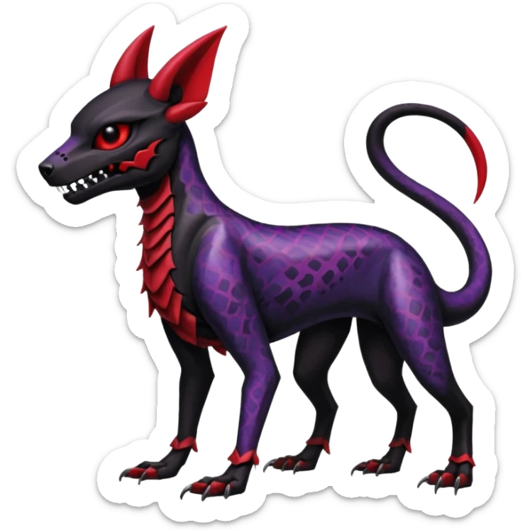 Gothic Black red purple Scaley Exotic Salandit-Umbreon-Houndoom-Fakémon-hybrid-creature (full body), 4 legs, skull face mask sticker