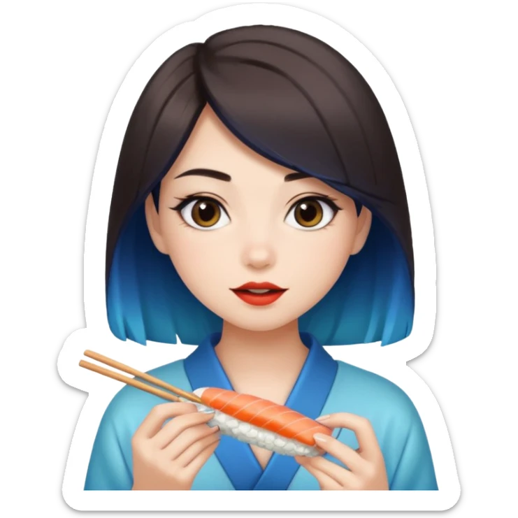 A GIRL with dark brown hair AND blue ombre hair eating sushi  sticker